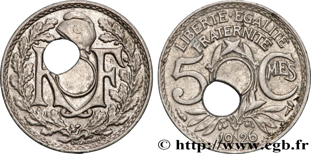 5 centimes Lindauer, petit module, trou décentré 1926  F.122/11 var. TTB+ 