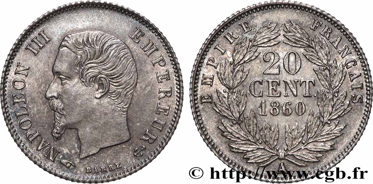 20 centimes Napoléon III, tête nue 1860 Paris F.148/14 SPL63 