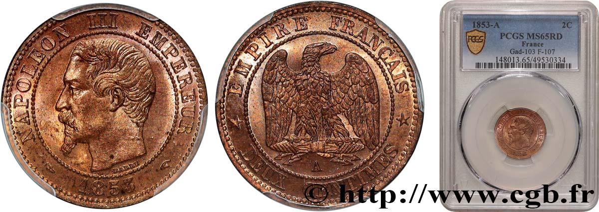 Deux centimes Napoléon III, tête nue 1853 Paris F.107/1 FDC65 PCGS