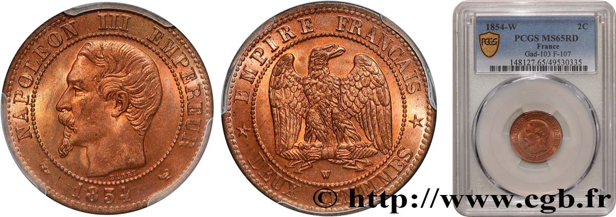 Deux centimes Napoléon III, tête nue 1854 Lille F.107/18 FDC65 PCGS