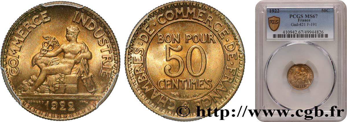 50 centimes Chambres de Commerce 1922 Paris F.191/4 FDC67 PCGS