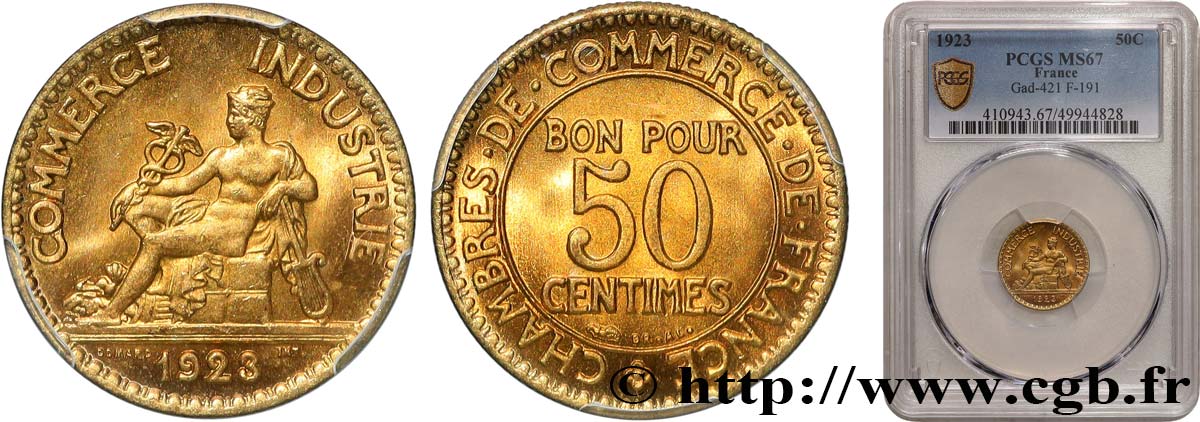 50 centimes Chambres de Commerce 1923 Paris F.191/5 FDC67 PCGS