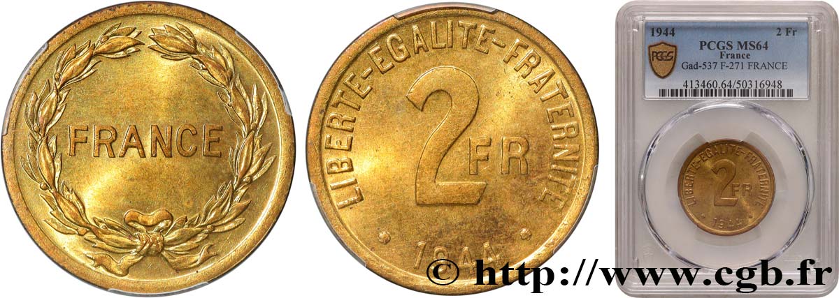 2 francs France 1944  F.271/1 MS64 PCGS