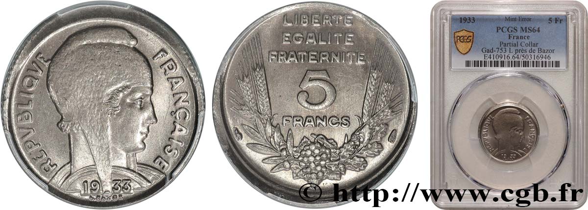 5 francs Bazor, Fauté hors virole 1933  F.335/3 var. SPL64 PCGS