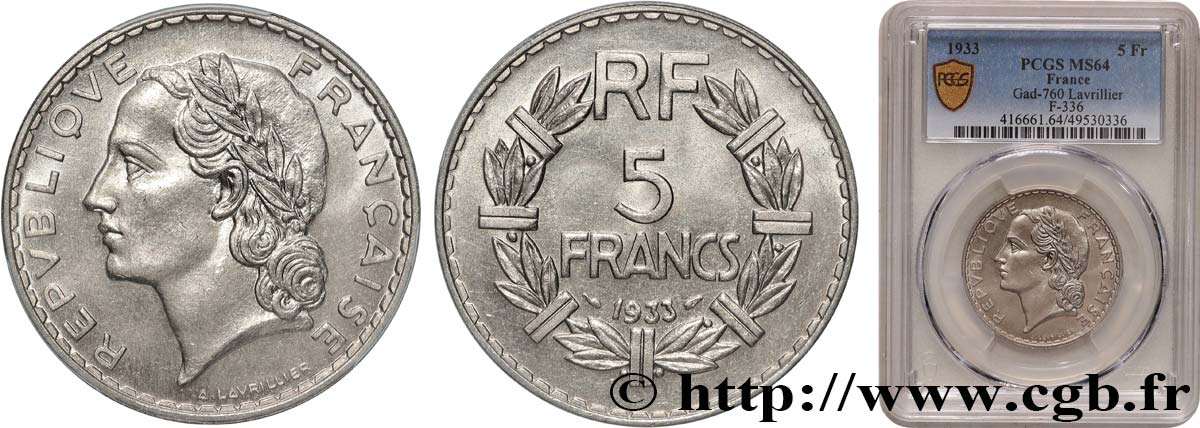 5 francs Lavrillier, nickel 1933  F.336/2 fST64 PCGS