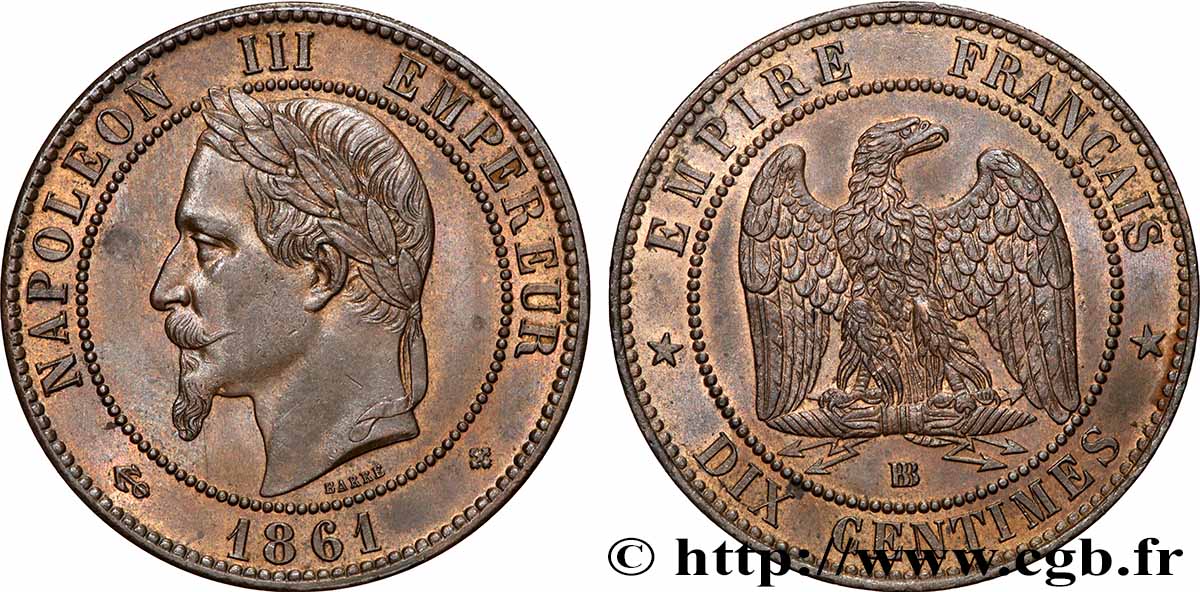 Dix centimes Napoléon III, tête laurée 1861 Strasbourg F.134/5 SUP62 