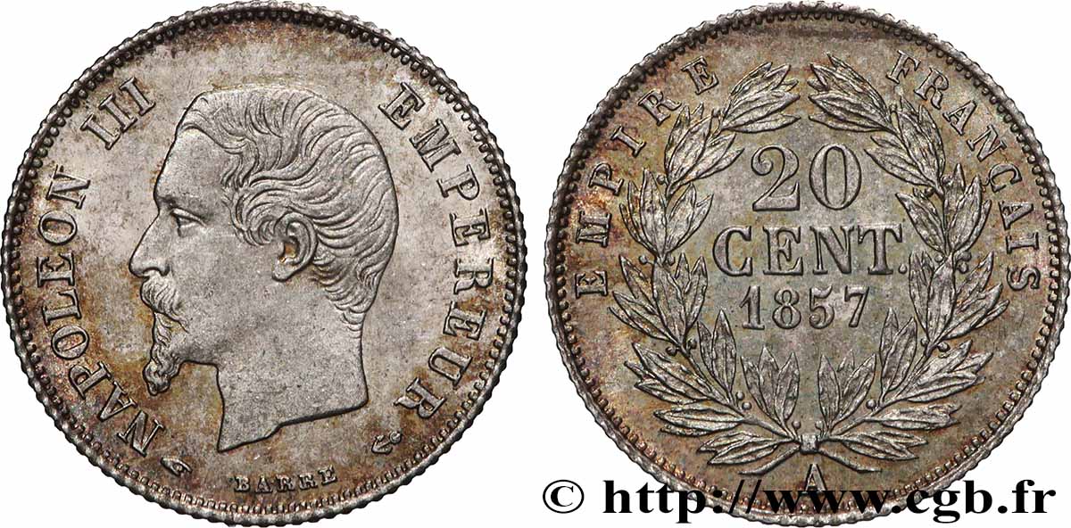 20 centimes Napoléon III, tête nue 1857 Paris F.148/7 SPL+ 