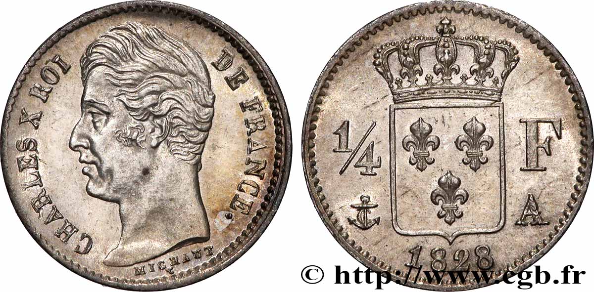 1/4 franc Charles X 1828 Paris F.164/18 SUP+ 