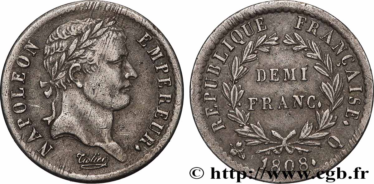 Demi-franc Napoléon Ier tête laurée, République française, buste fin 1808 Perpignan F.177/13 TTB 