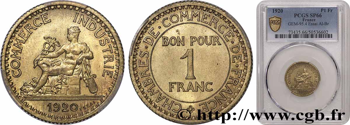 Essai de 1 franc Chambres de Commerce bronze-aluminium, sans signature 1920 Paris GEM.95 4 MS66 PCGS