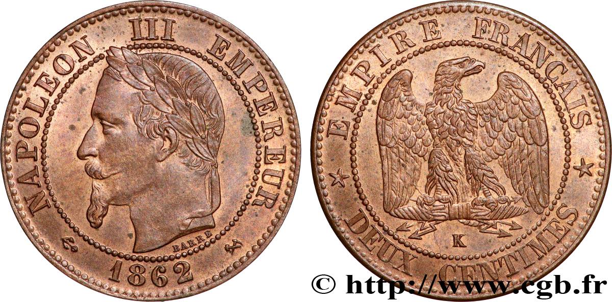 Deux centimes Napoléon III, tête laurée, buste définitif 1862 Bordeaux F.108A/7 MS62 