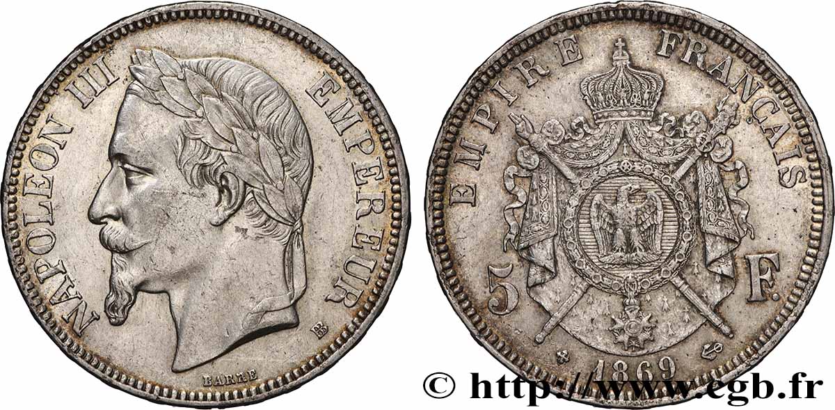 5 francs Napoléon III, tête laurée 1869 Strasbourg F.331/15 q.SPL 