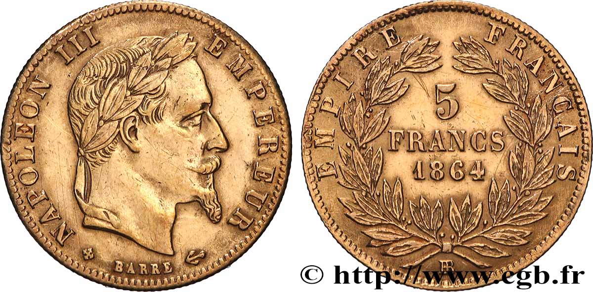 5 francs or Napoléon III, tête laurée 1864 Strasbourg F.502/6 TTB 