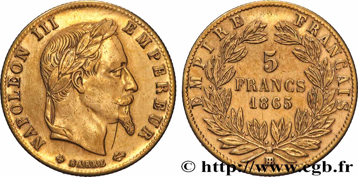 5 francs or Napoléon III, tête laurée 1865 Strasbourg F.502/8 TTB 