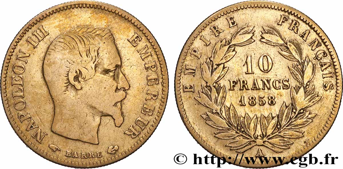 10 francs or Napoléon III, tête nue 1858 Paris F.506/5 MB 