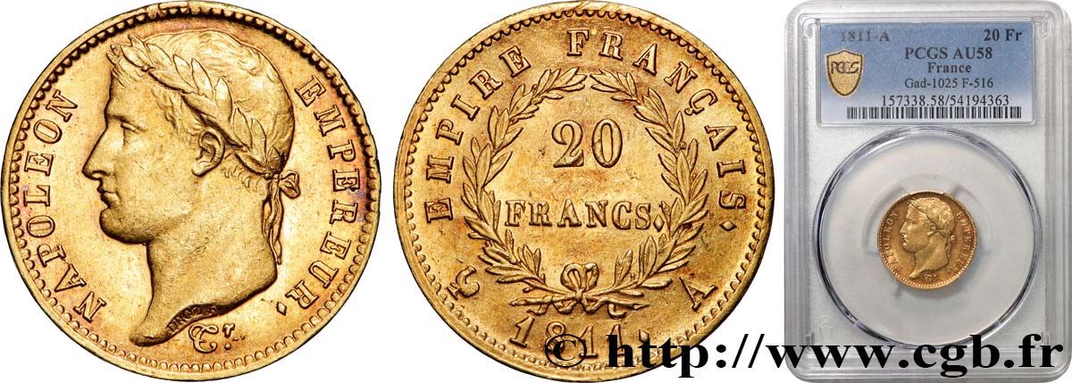 20 francs or Napoléon, tête laurée, Empire français 1811 Paris F.516/16 AU58 PCGS