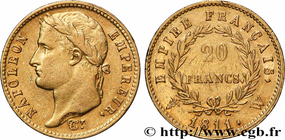 20 francs or Napoléon, tête laurée, Empire français 1811 Lille F.516/21 TTB 