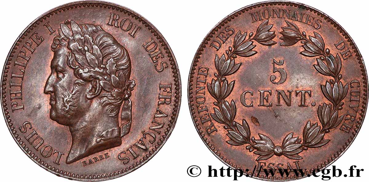 Essai de 5 centimes en bronze, signature BARRE  1840  VG.2917  SPL 