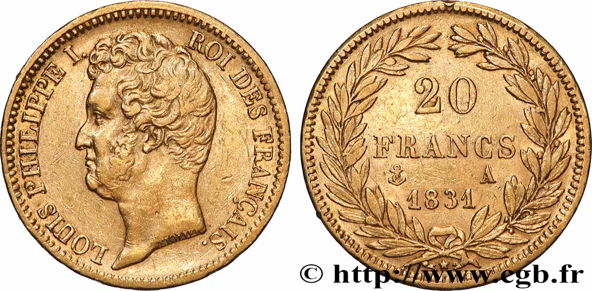 20 francs or Louis-Philippe, Tiolier, tranche inscrite en creux 1831 Paris F.524/2 TTB 