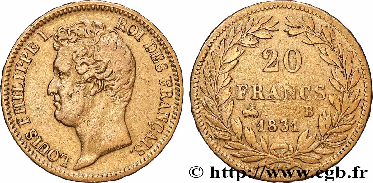20 francs or Louis-Philippe, Tiolier, tranche inscrite en relief 1831 Rouen F.525/3 TB+ 
