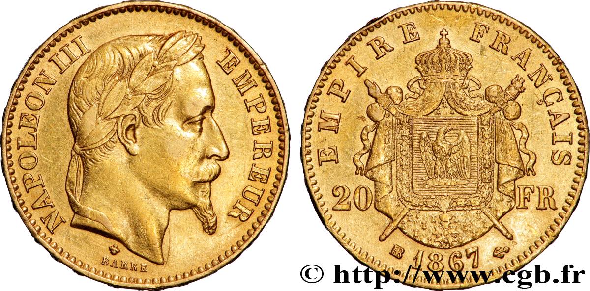 20 francs or Napoléon III, tête laurée, petit BB 1867 Strasbourg F.532/16 AU 