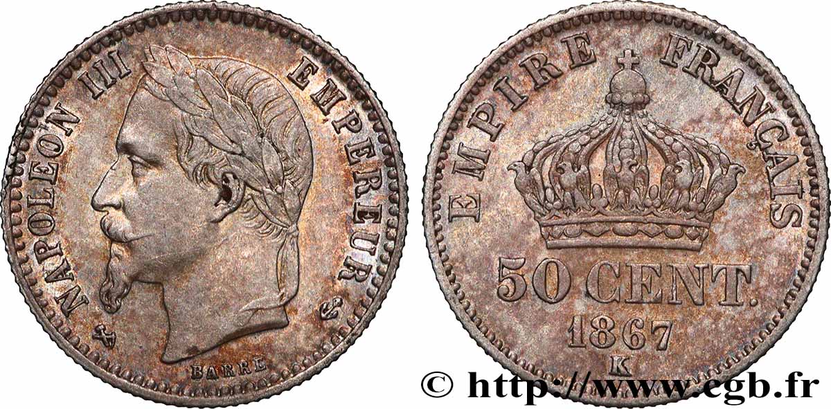 50 centimes Napoléon III, tête laurée 1867 Bordeaux F.188/18 TTB+ 