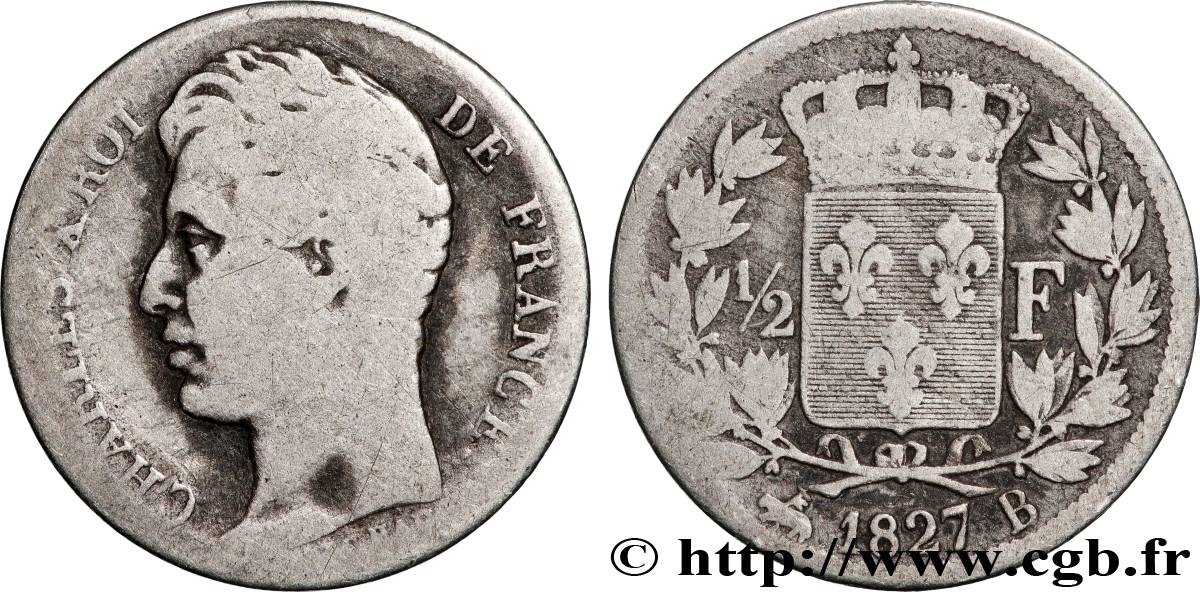 1/2 franc Charles X 1827 Rouen F.180/14 B+ 