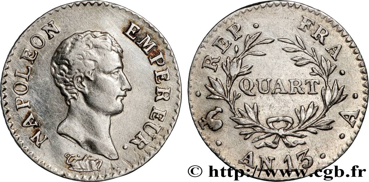 Quart (de franc) Napoléon Empereur, Calendrier révolutionnaire 1805 Paris F.158/8 TTB 