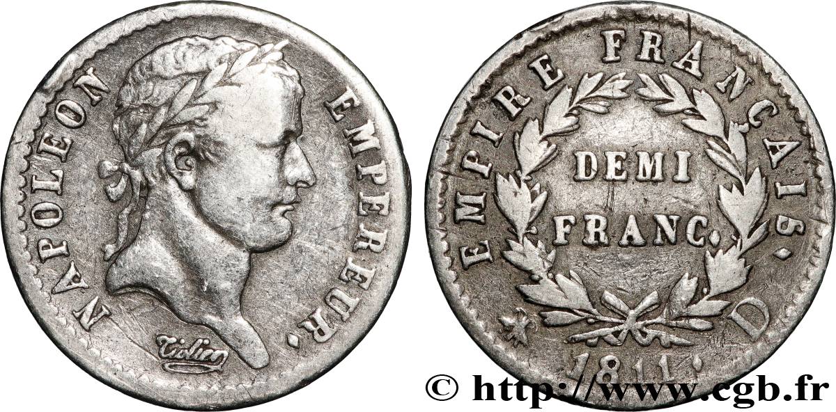 Demi-franc Napoléon Ier tête laurée, Empire français 1811 Lyon F.178/24 TB+ 