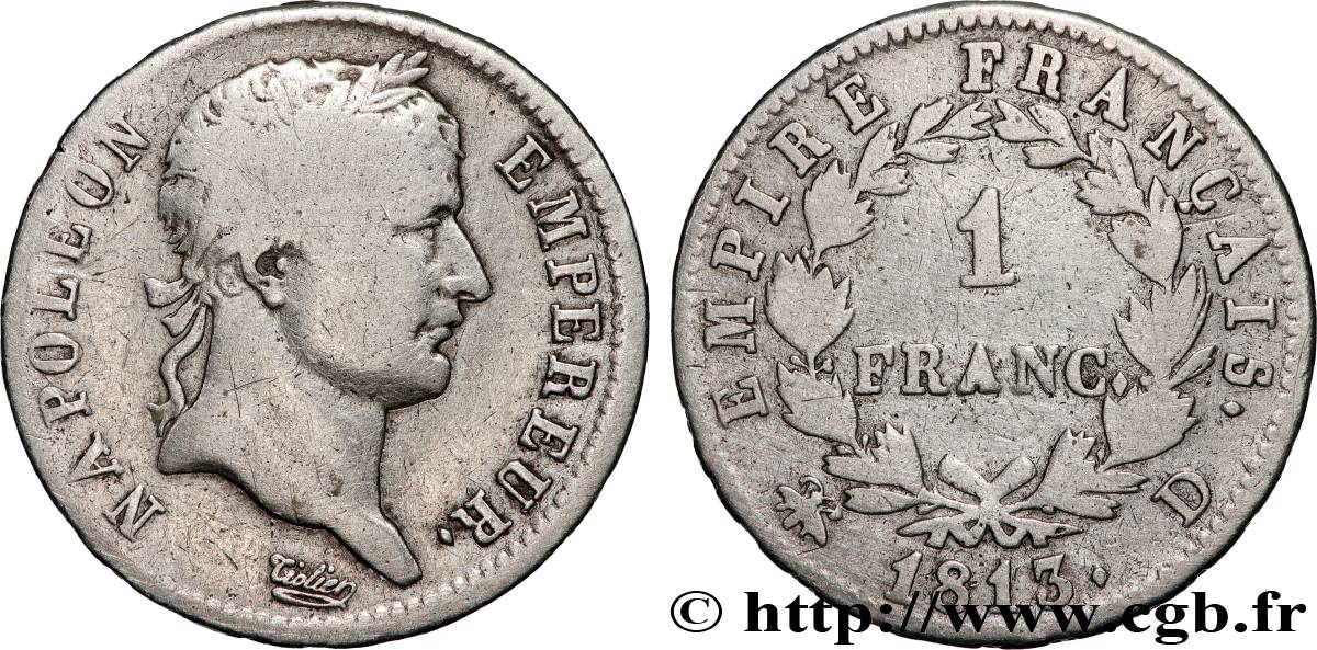 1 franc Napoléon Ier tête laurée, Empire français 1813 Lyon F.205/61 TB 