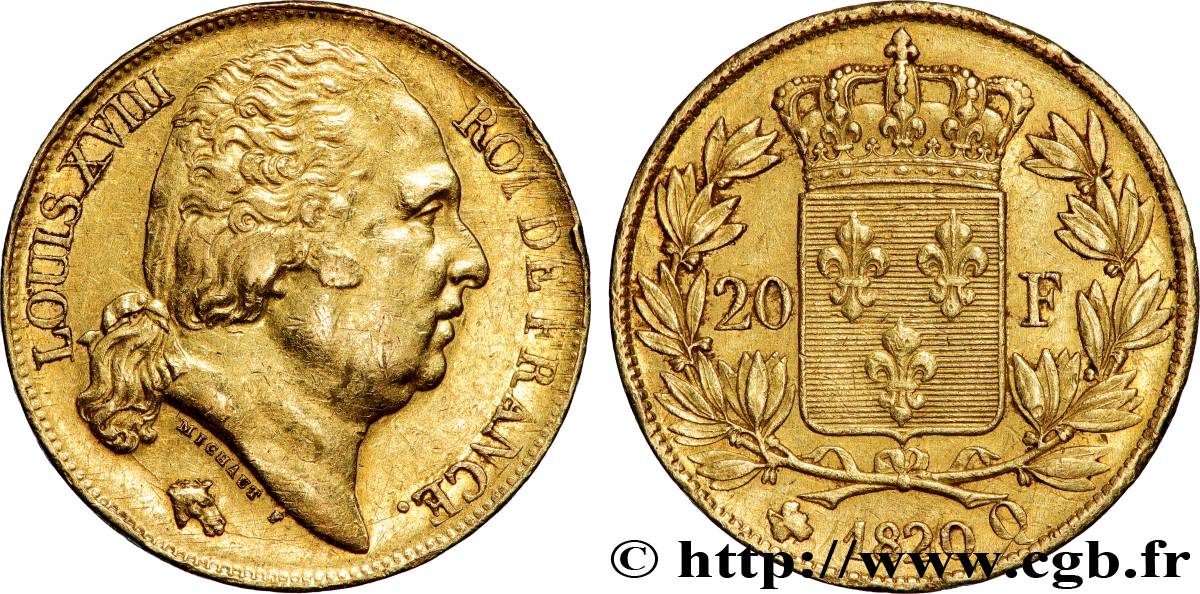 20 francs or Louis XVIII, tête nue 1820 Perpignan F.519/21 TTB 