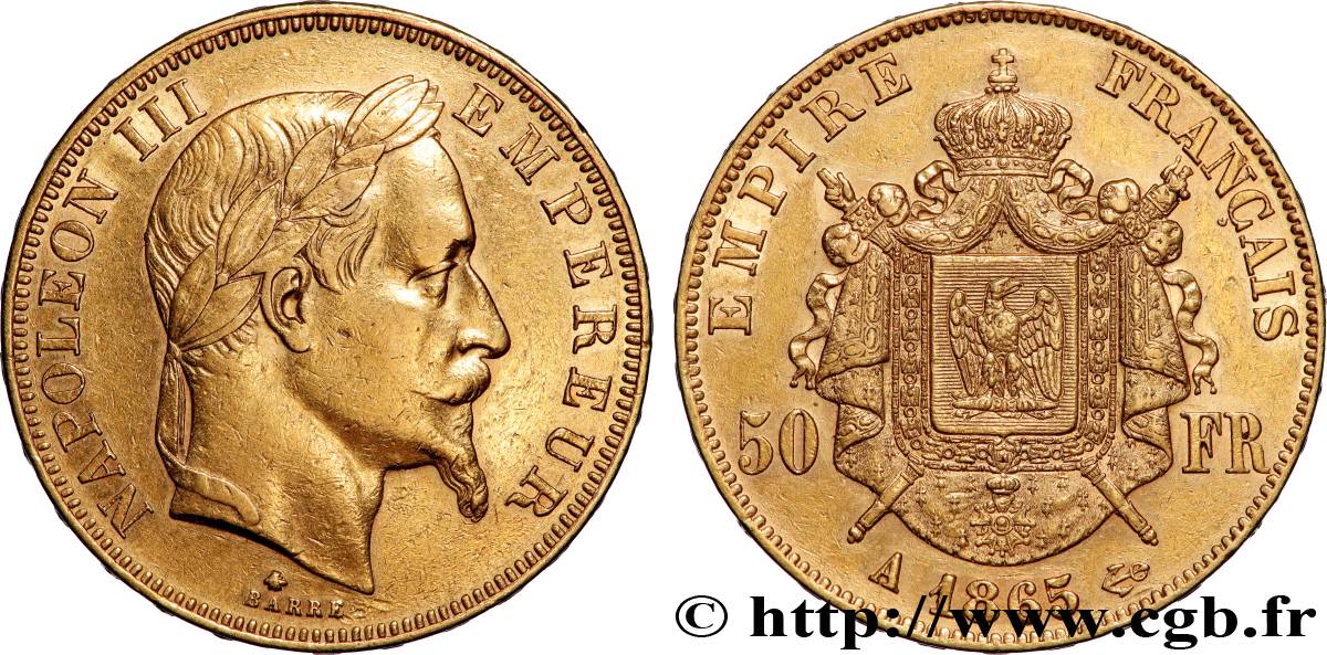 50 francs or Napoléon III, tête laurée 1865 Paris F.548/5 TTB 