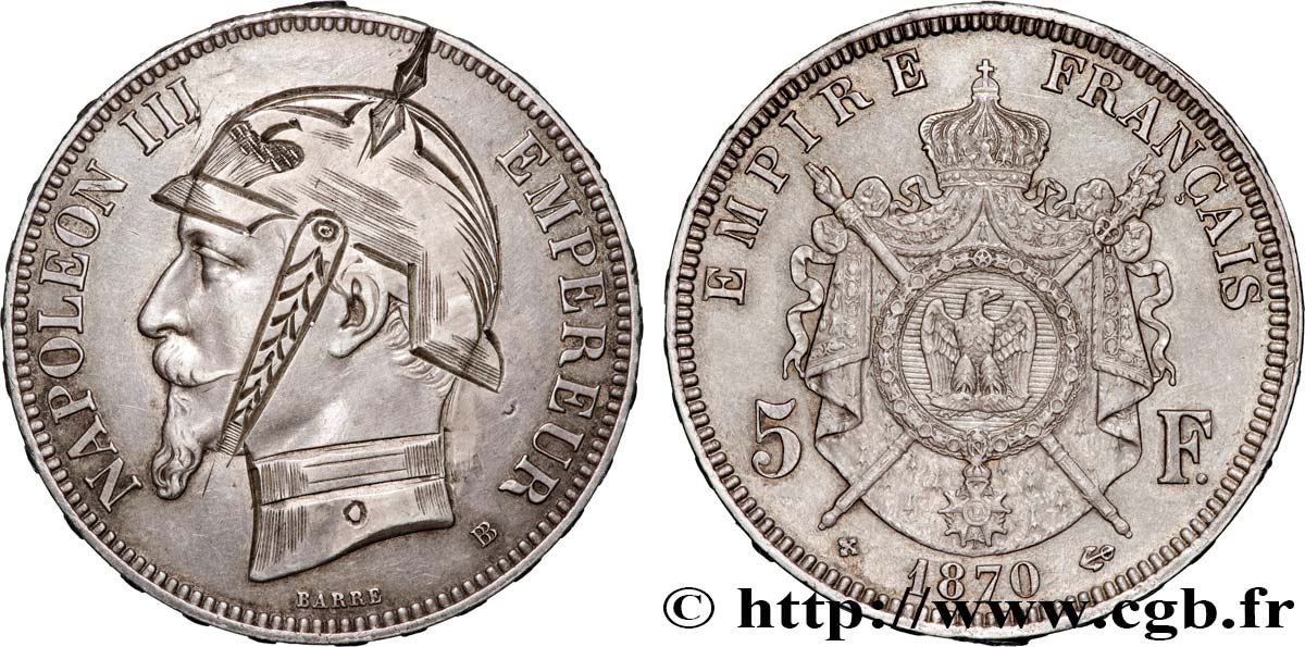Monnaie satirique, 5 francs Napoléon III tête laurée, regravée 1870 Strasbourg F.331/17 var. SPL 