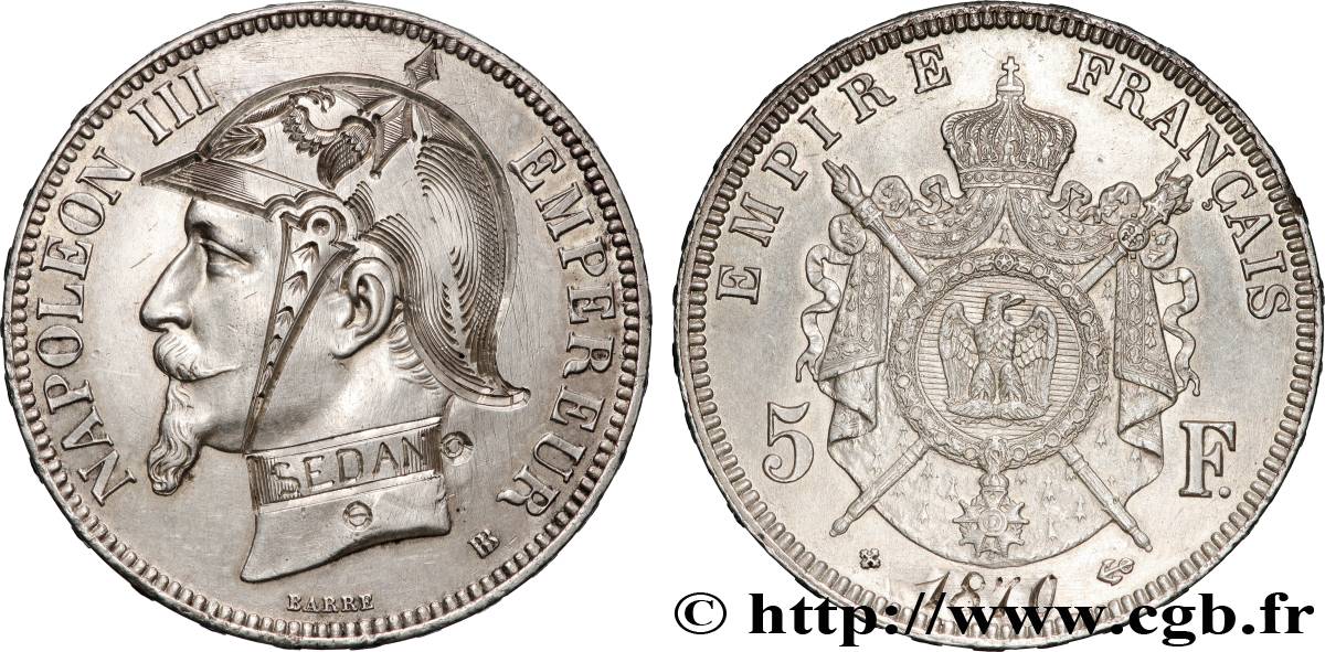 Monnaie satirique, 5 francs Napoléon III tête laurée, regravée 1870 Strasbourg F.331/17 var. VZ 
