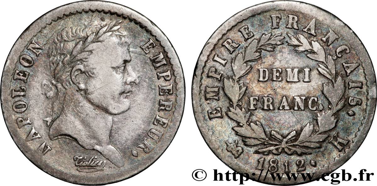 Demi-franc Napoléon Ier tête laurée, Empire français 1812 Bordeaux F.178/40 TB 