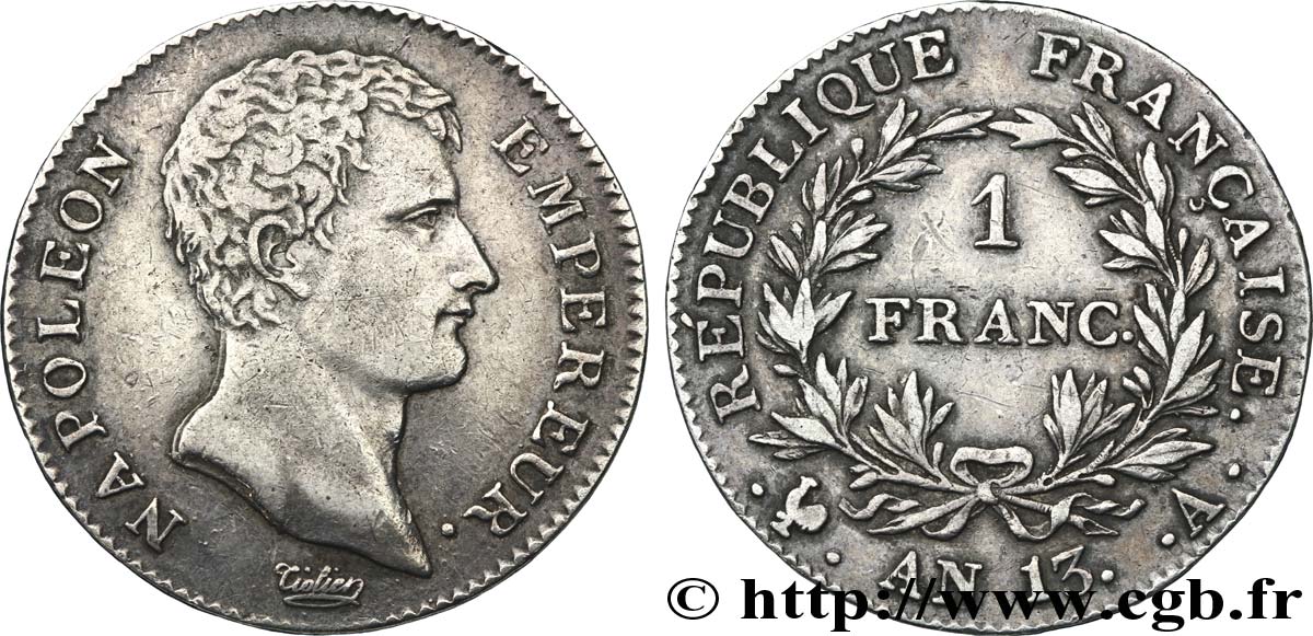 1 franc Napoléon Empereur, Calendrier révolutionnaire 1805 Paris F.201/14 TTB48 