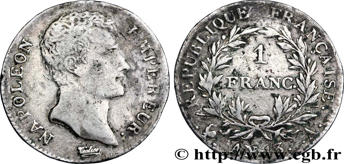 1 franc Napoléon Empereur, Calendrier révolutionnaire 1805 Paris F.201/14 TB30 