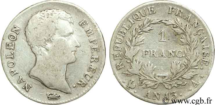1 franc Napoléon Empereur, Calendrier révolutionnaire 1805 Paris F.201/14 TB20 