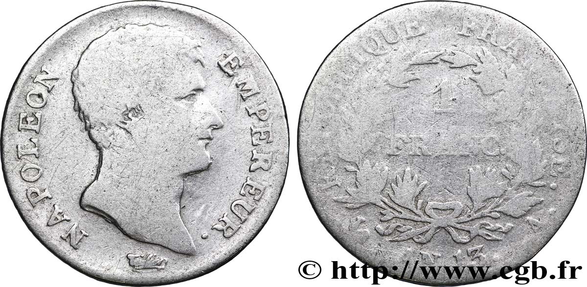1 franc Napoléon Empereur, Calendrier révolutionnaire 1805 Paris F.201/14 VG8 