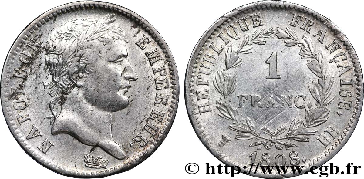 1 franc Napoléon Ier tête laurée, République française 1808 Strasbourg F.204/4 SUP55 