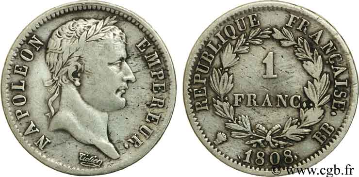 1 franc Napoléon Ier tête laurée, République française 1808 Strasbourg F.204/4 MB35 