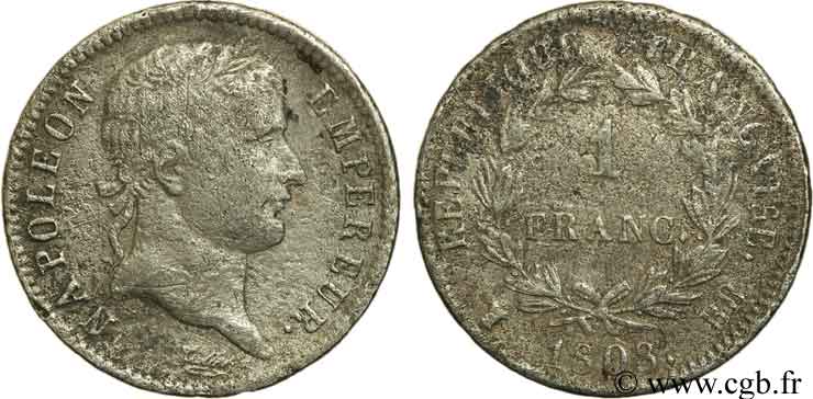 1 franc Napoléon Ier tête laurée, République française 1808 Strasbourg F.204/4 G6 