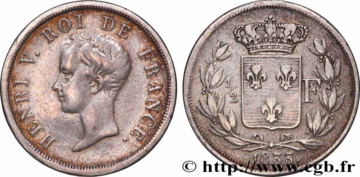 1/2 franc, buste juvénile 1833  VG.2713  TTB 