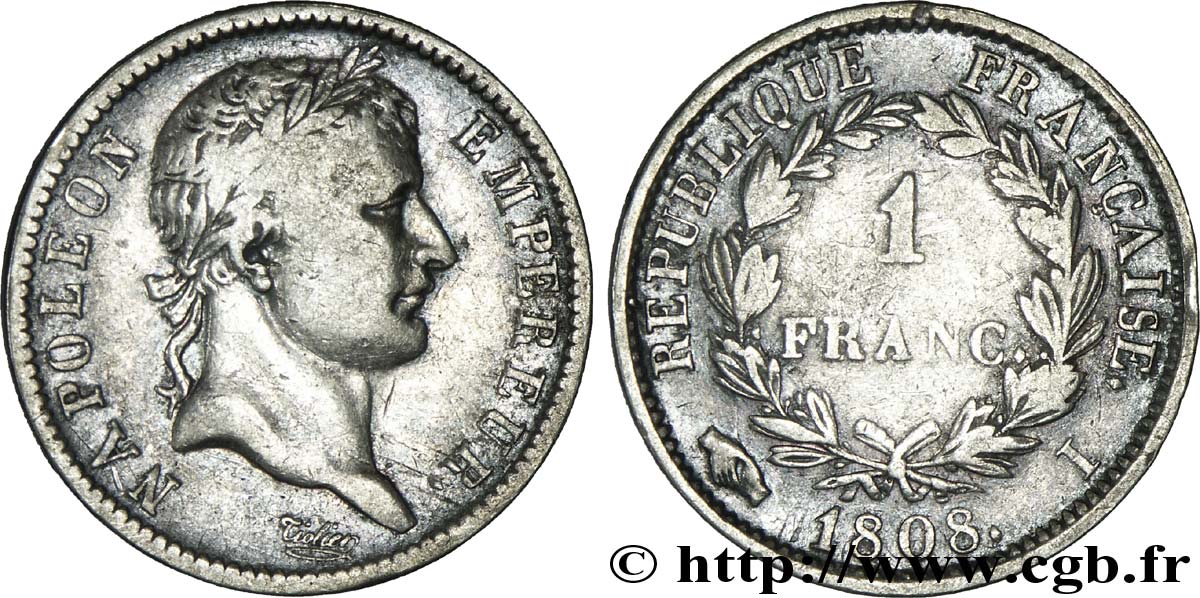 1 franc Napoléon Ier tête laurée, République française 1808 Limoges F.204/7 TB30 