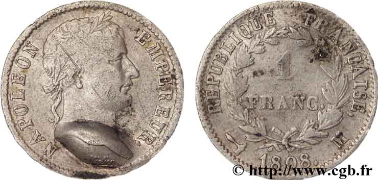 1 franc Napoléon Ier tête laurée, République française 1808 Toulouse F.204/10 var. TB20 