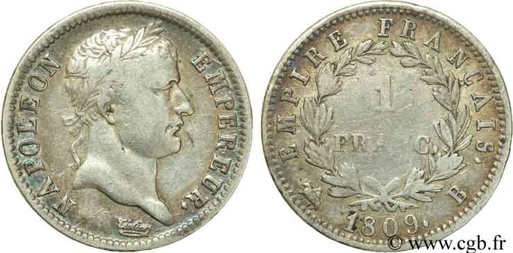 1 franc Napoléon Ier tête laurée, Empire français 1809 Rouen F.205/2 S30 