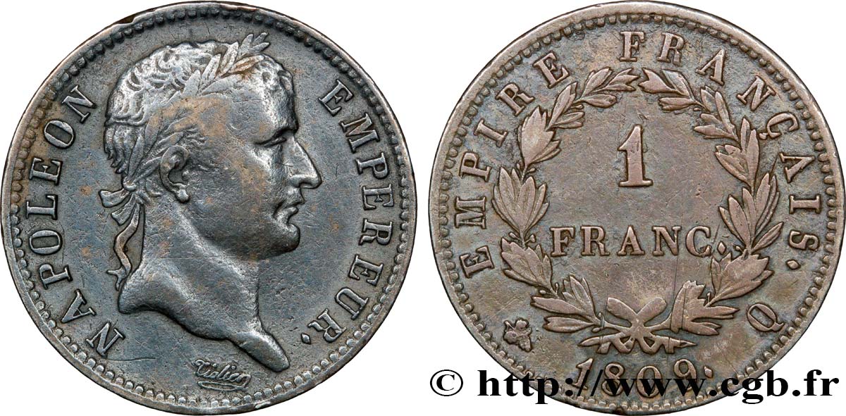 1 franc Napoléon Ier tête laurée, Empire français 1809 Perpignan F.205/9 TB35 