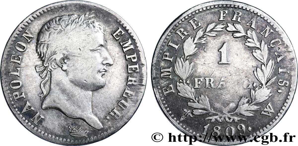 1 franc Napoléon Ier tête laurée, Empire français 1809 Lille F.205/11 TB20 