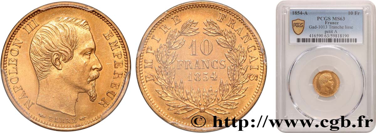 10 francs or Napoléon III, tête nue, petit module, tranche lisse 1854 Paris F.505/1 SPL63 PCGS