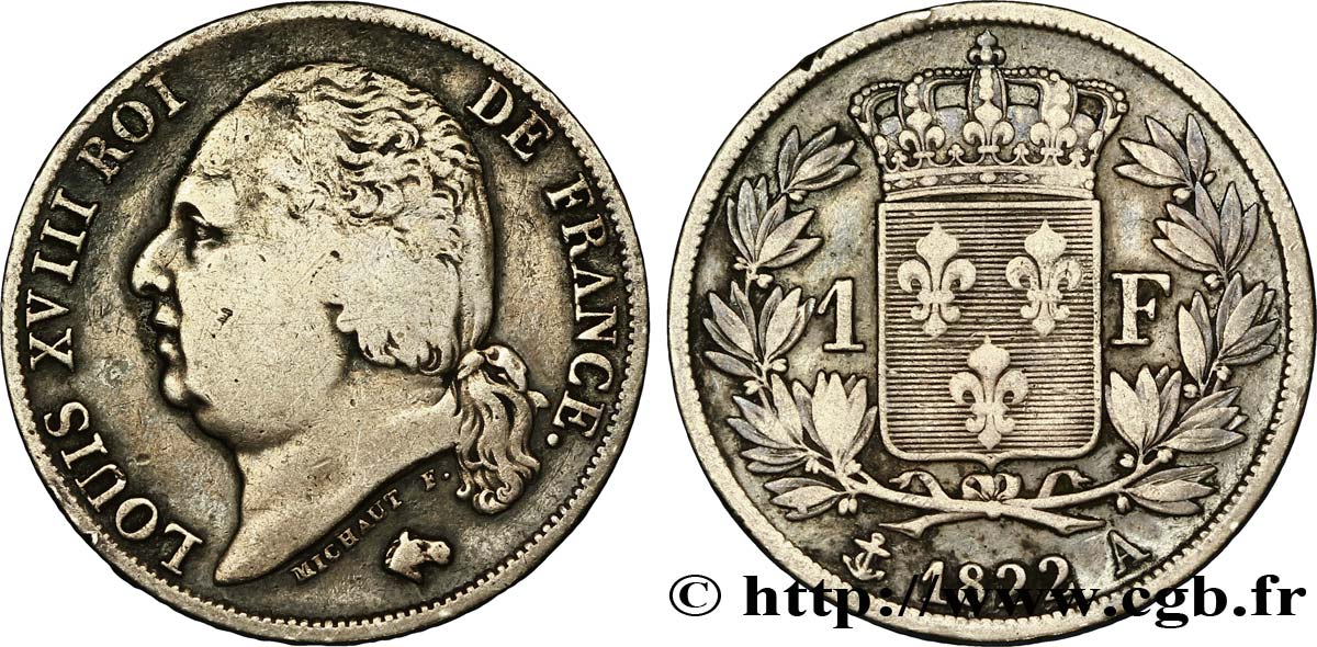 1 franc Louis XVIII 1822 Paris F.206/40 TB25 
